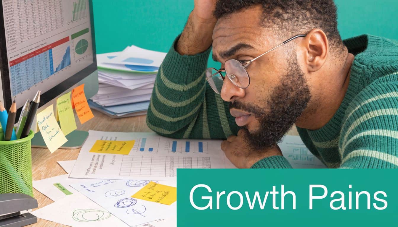 Stressed man wearing glasses looking at charts on a computer screen in a cluttered office.