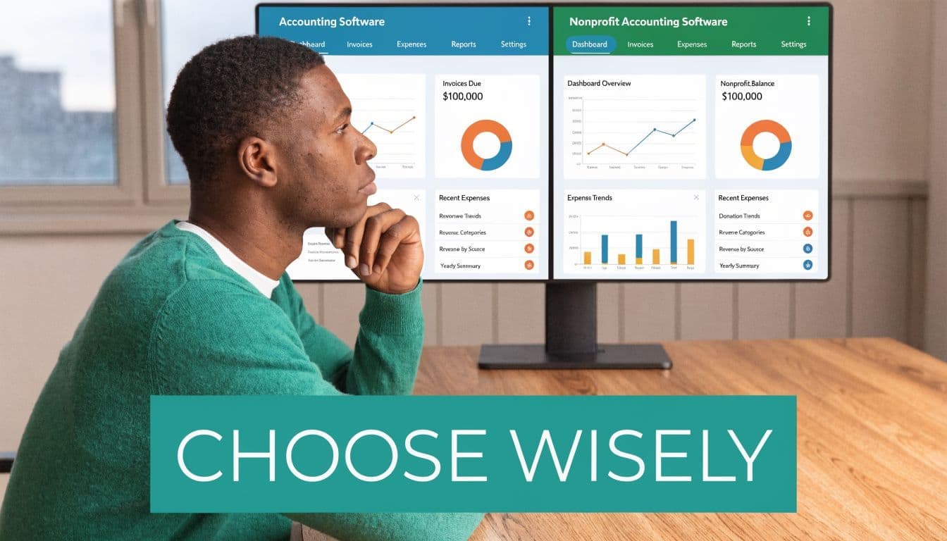Man in a green sweater comparing standard and nonprofit accounting software on two computer monitors.