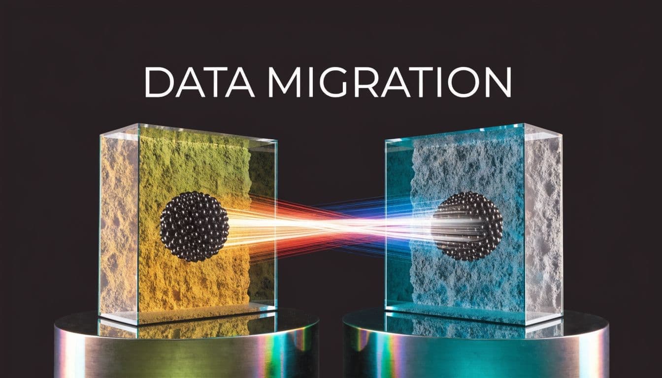 Two glass cubes containing spheres with light beams transferring data between them representing migration process