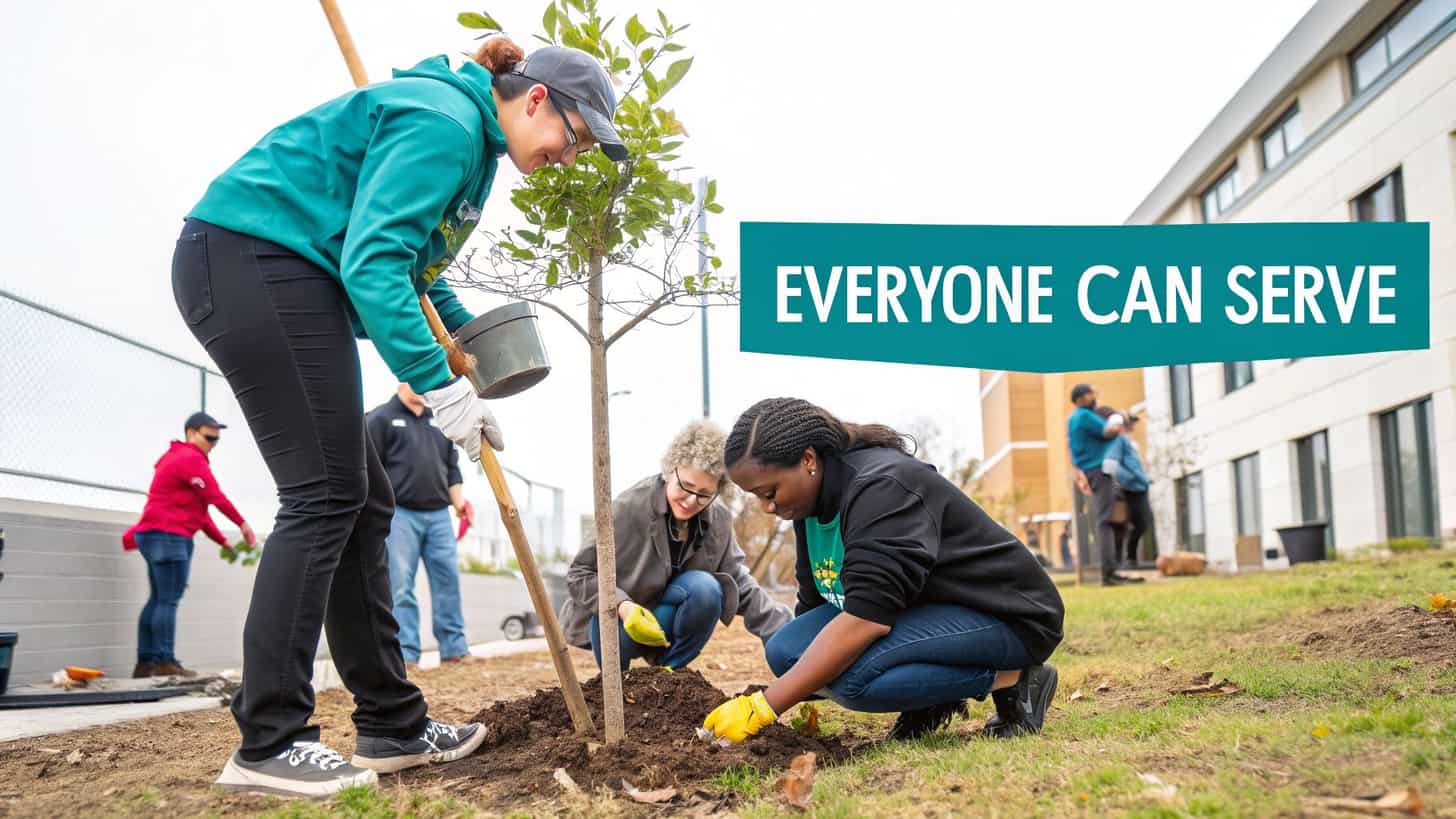 Diverse volunteers planting trees and shrubs in a green space, demonstrating community service