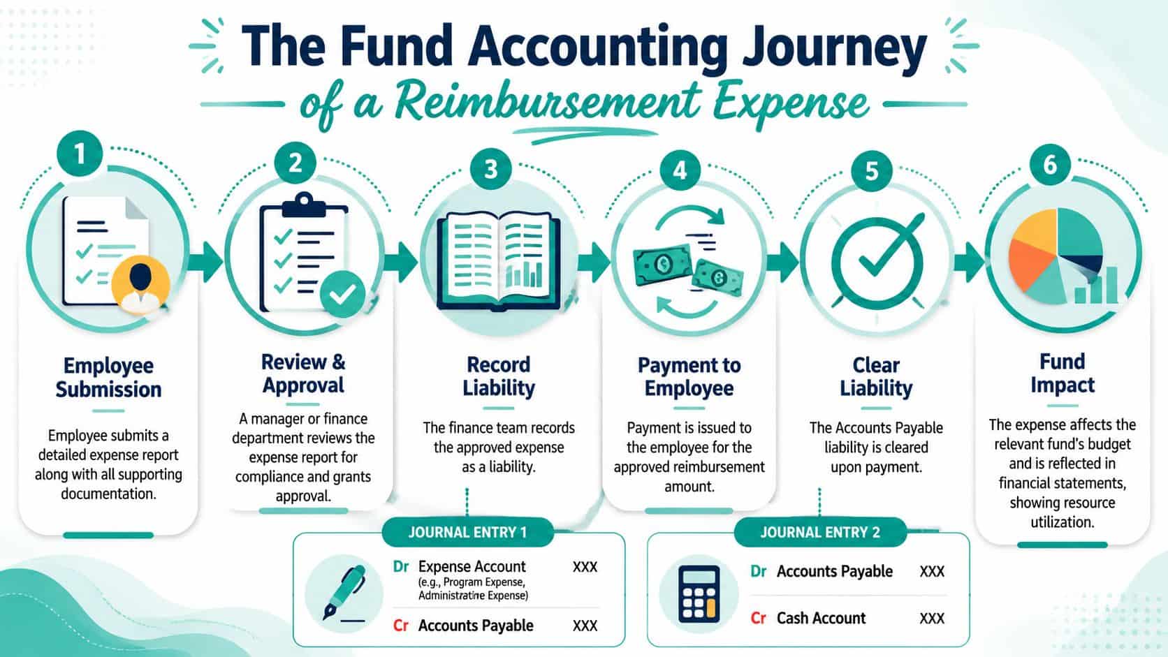 A diagram illustrating the six-step fund accounting process for processing an employee reimbursement expense.