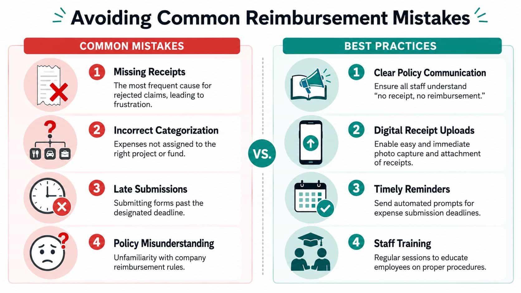 An infographic comparing common reimbursement mistakes with best practice solutions for corporate expense management processes.