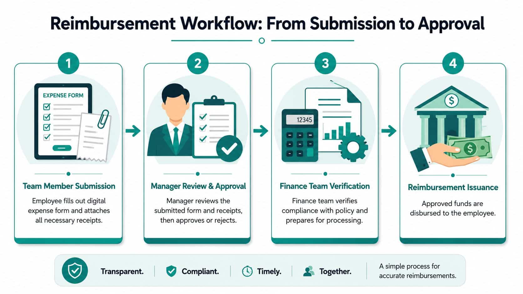 A four-step infographic illustrating the professional reimbursement workflow process from employee submission to financial issuance.