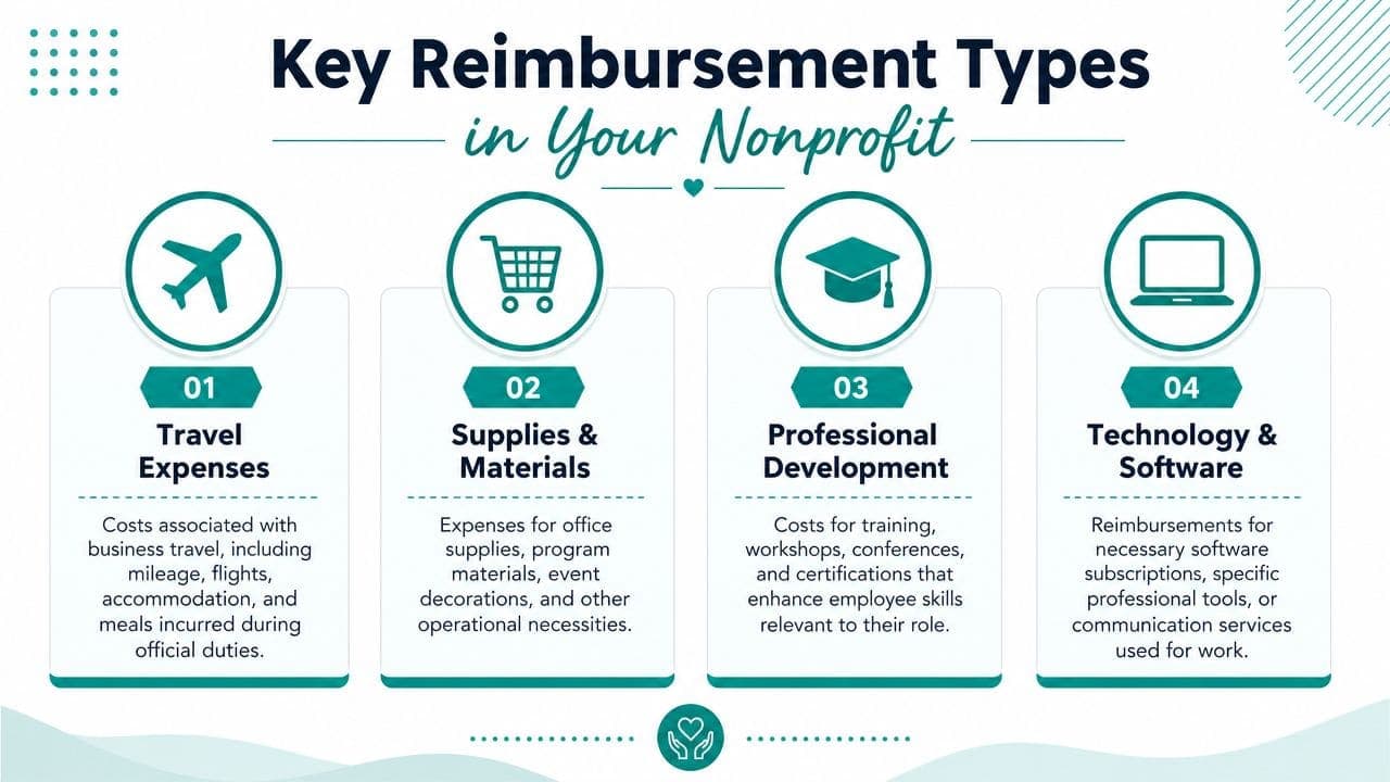 Infographic titled Key Reimbursement Types in Your Nonprofit detailing four categories of business-related expense reimbursements