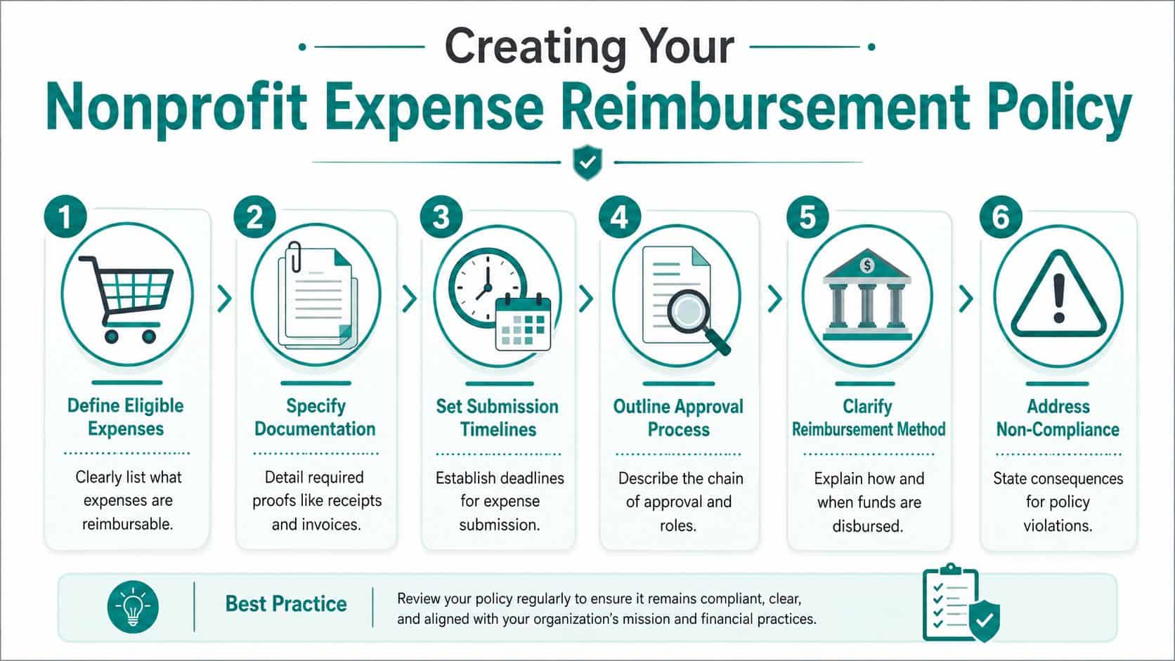 Infographic showing a six-step process for creating a nonprofit expense reimbursement policy with best practices.