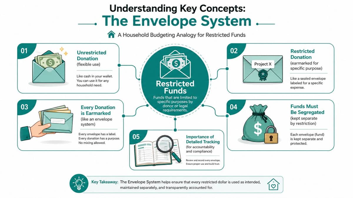 Restricted fund accounting envelope system for nonprofit leaders