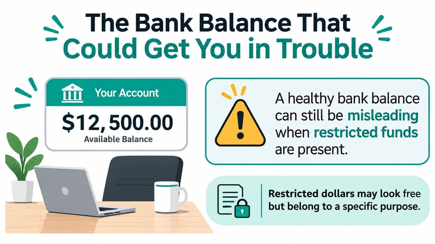Infographic warning that a healthy bank balance can hide restricted cash