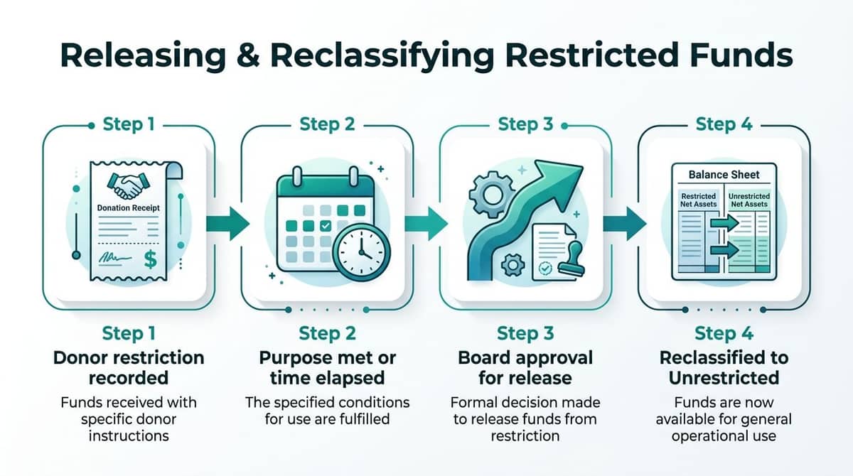 Restricted fund release steps for nonprofit accounting documentation