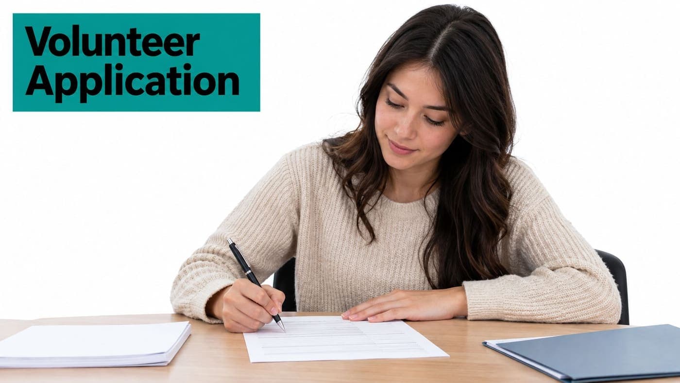 Young woman filling out a volunteer application form at a desk