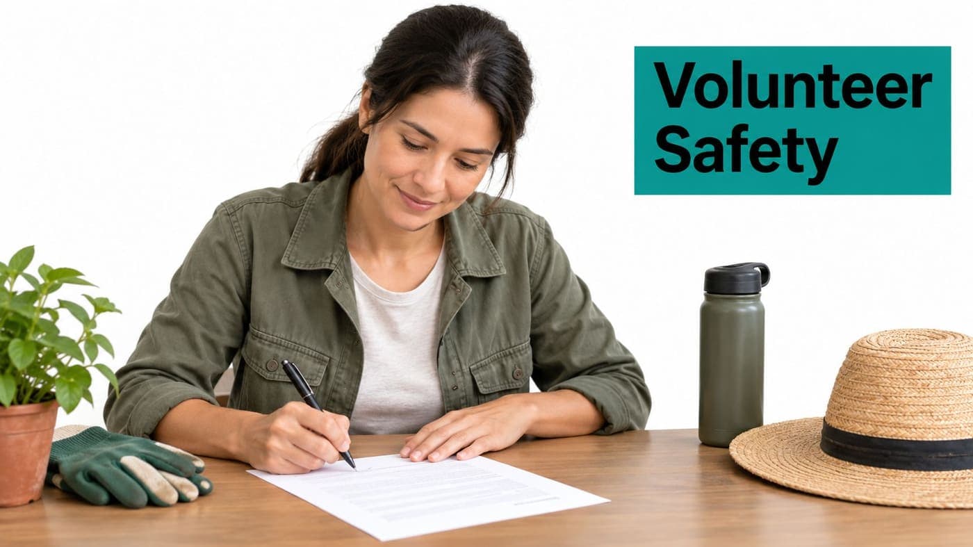 Woman signing volunteer safety forms beside gardening supplies on a table