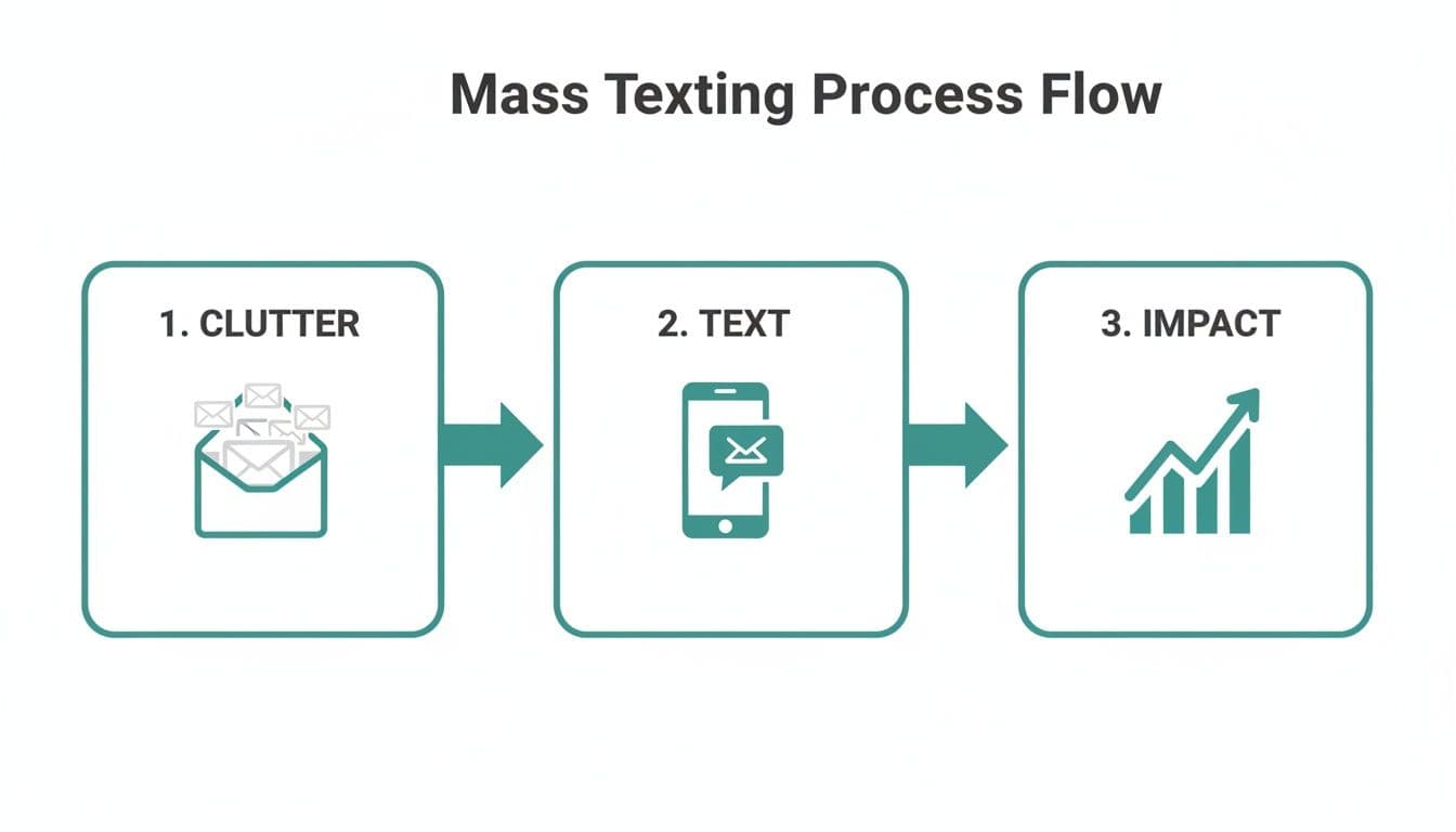 Three-step process flow showing mass texting: from email clutter to text messaging, leading to impact.