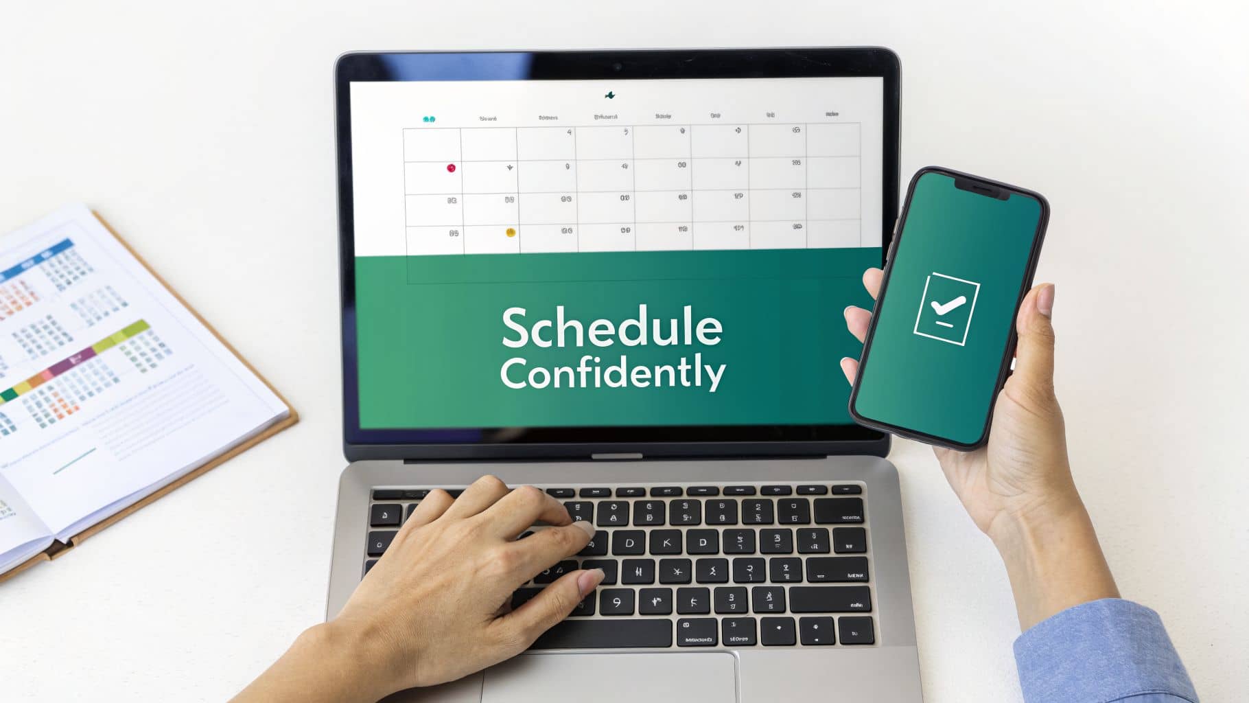 A person uses a laptop and smartphone to confidently manage their schedule and tasks.