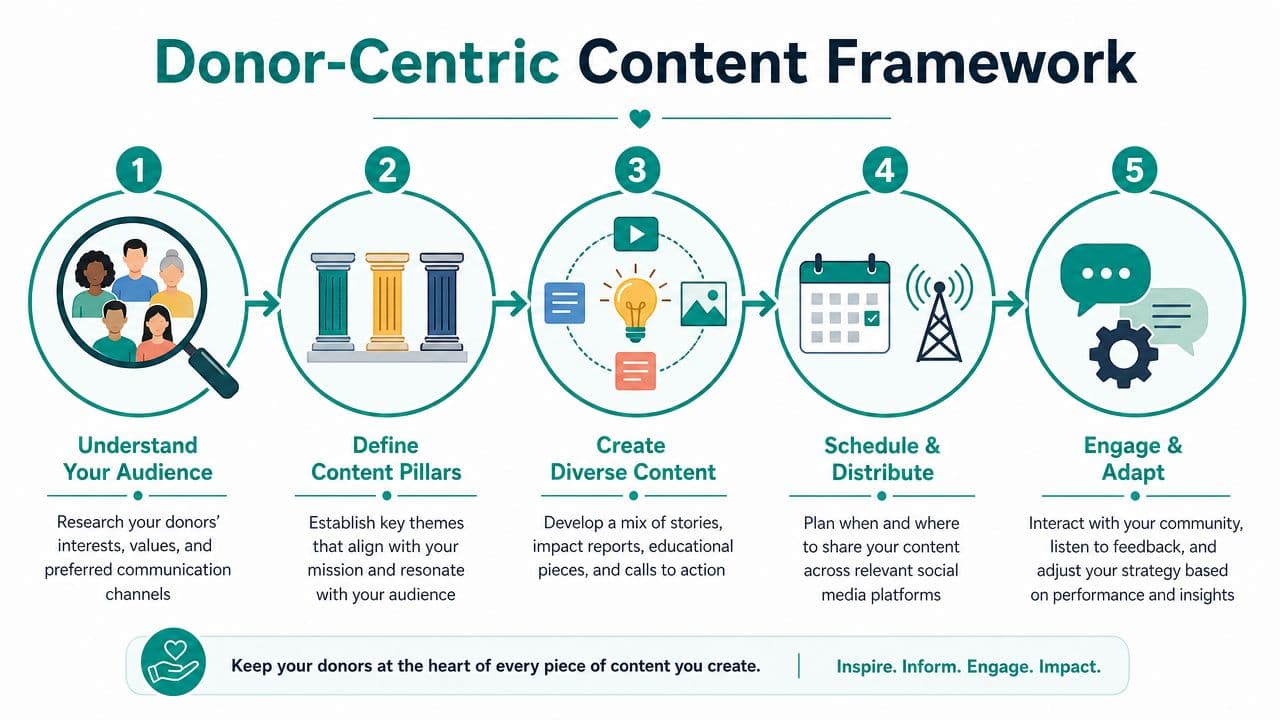 A five-step framework infographic illustrating a donor-centric content strategy for non-profits and audience engagement.