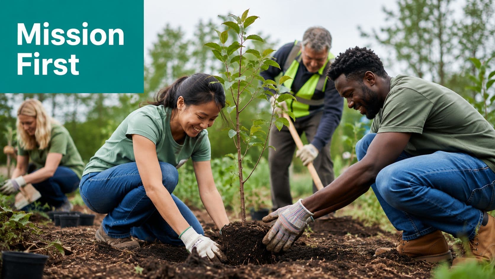 A diverse group of volunteers working together to plant a young tree in a field.