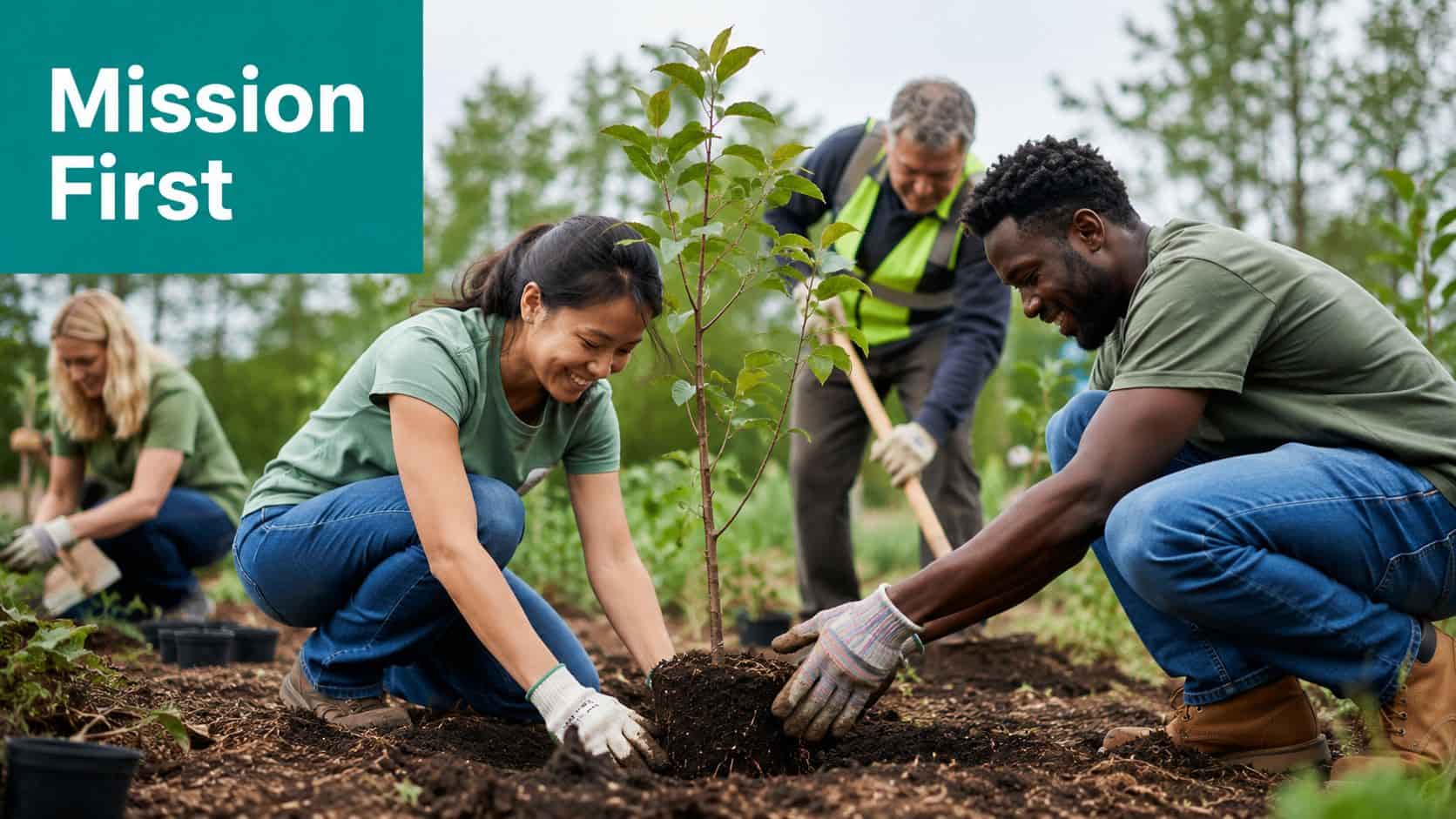A diverse group of volunteers working together to plant a young tree in a field.