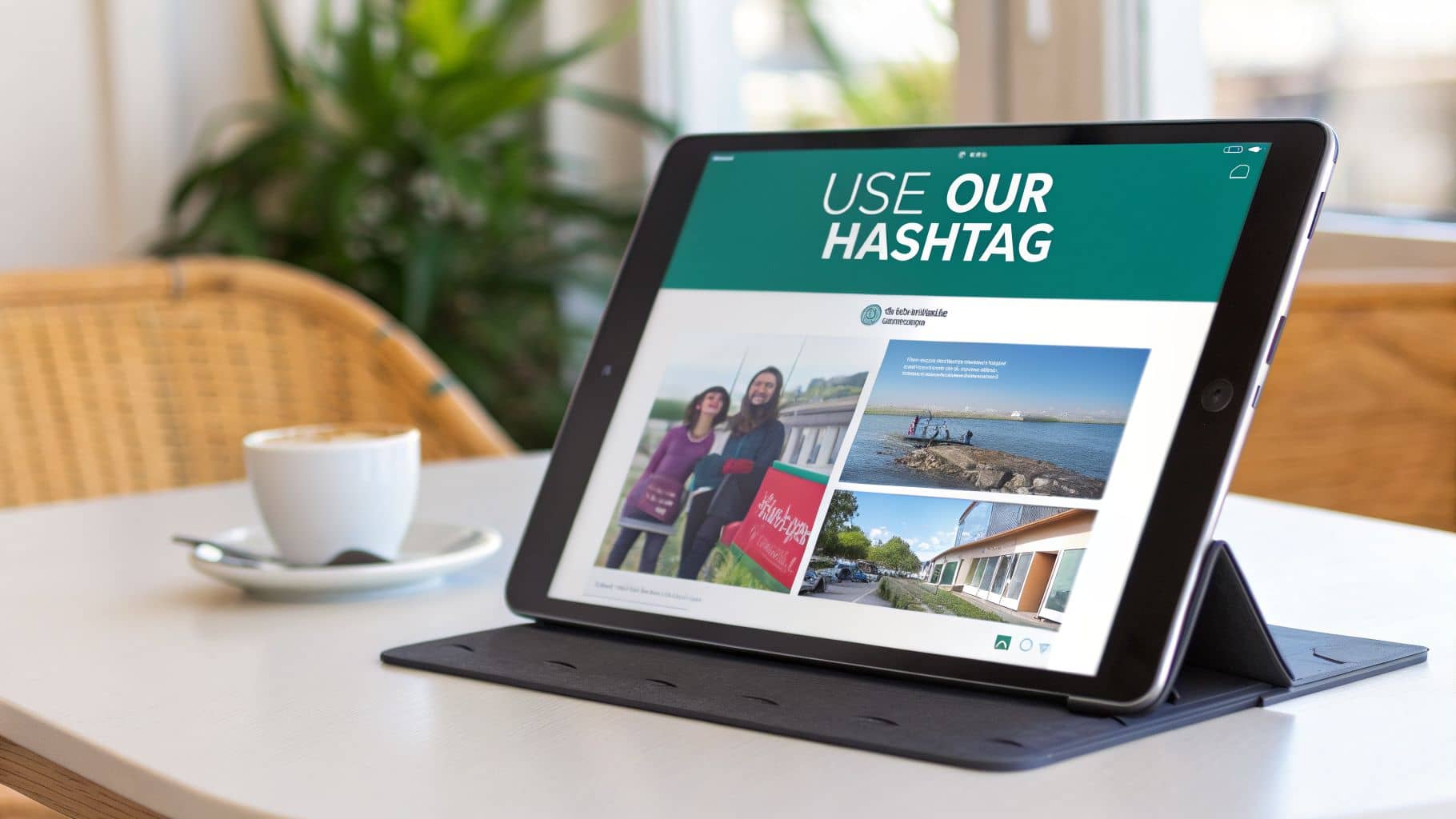 Digital tablet displaying a social media hashtag page with various photos