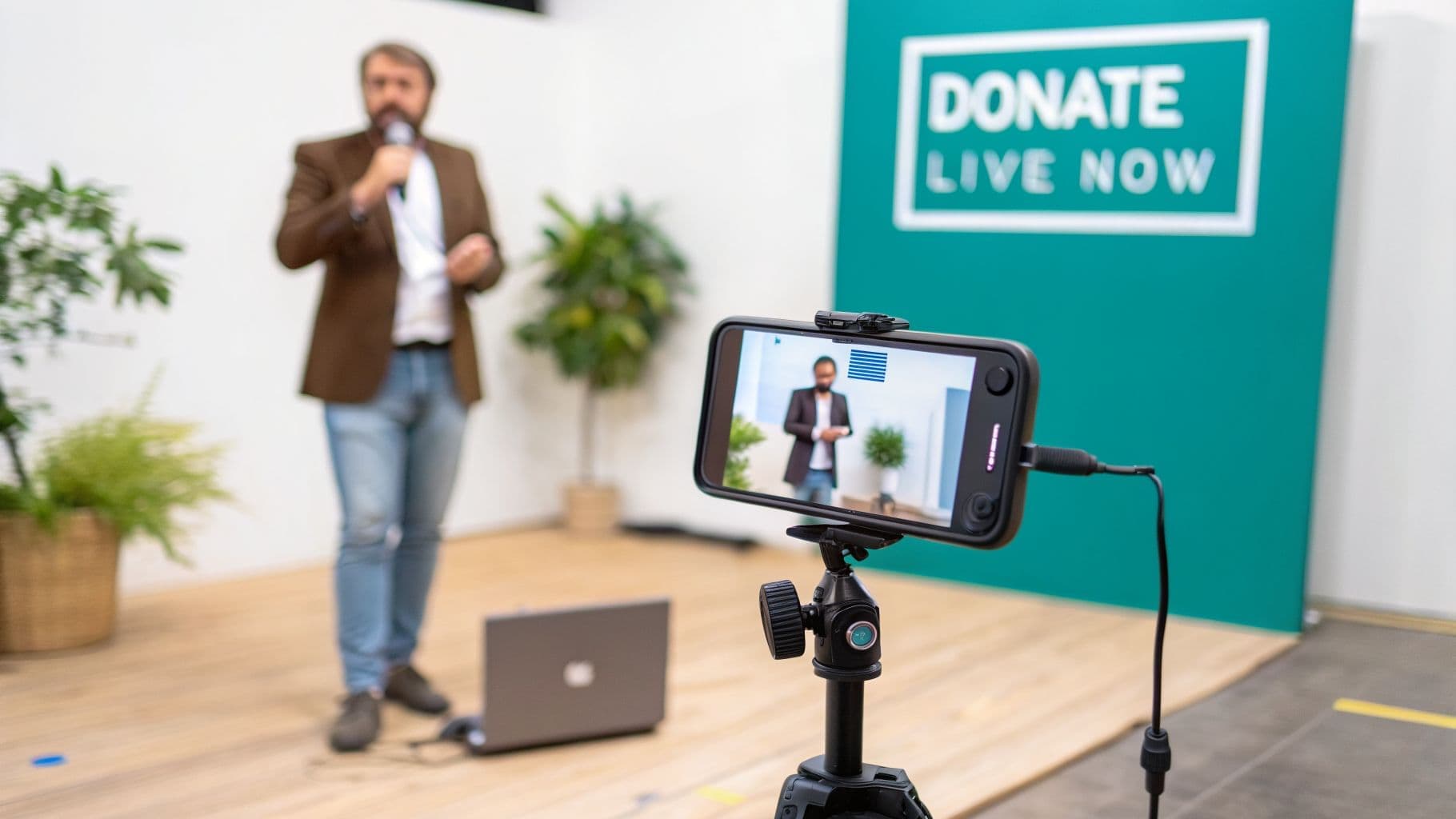 Speaker on stage being recorded by a smartphone