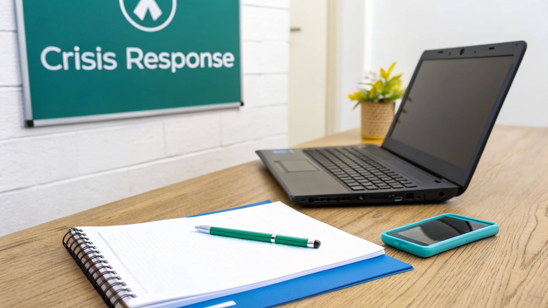 A desk setup with a laptop, notebook, pen, and smartphone, under a Crisis Response sign.