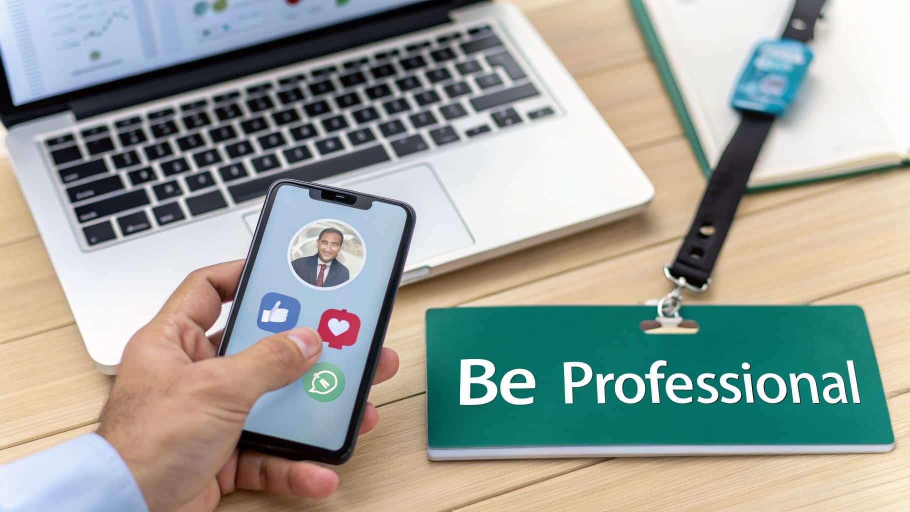 Hand holds a smartphone showing a professional profile and social media reactions