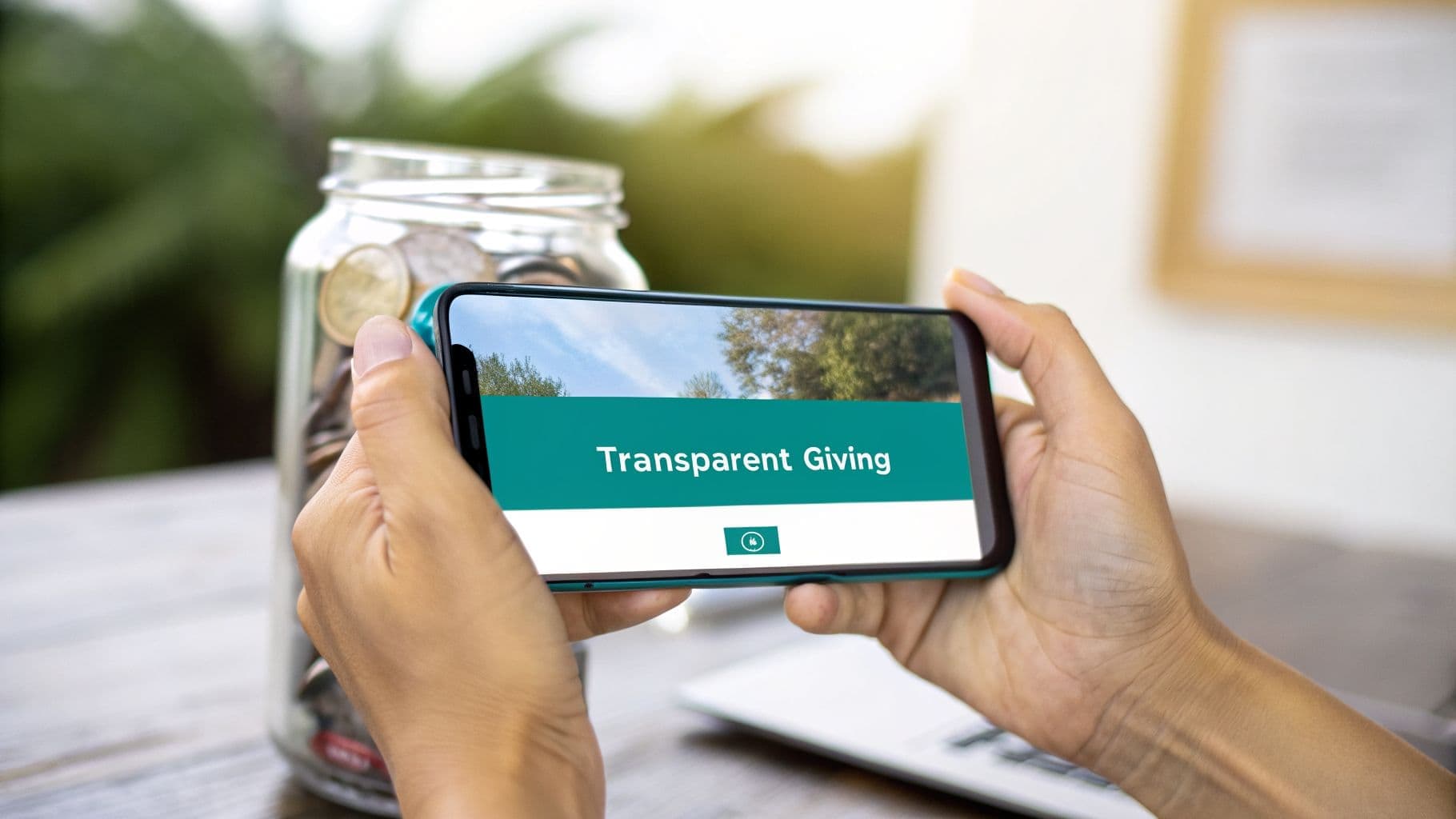 Person's hands holding a smartphone displaying Transparent Giving on its screen