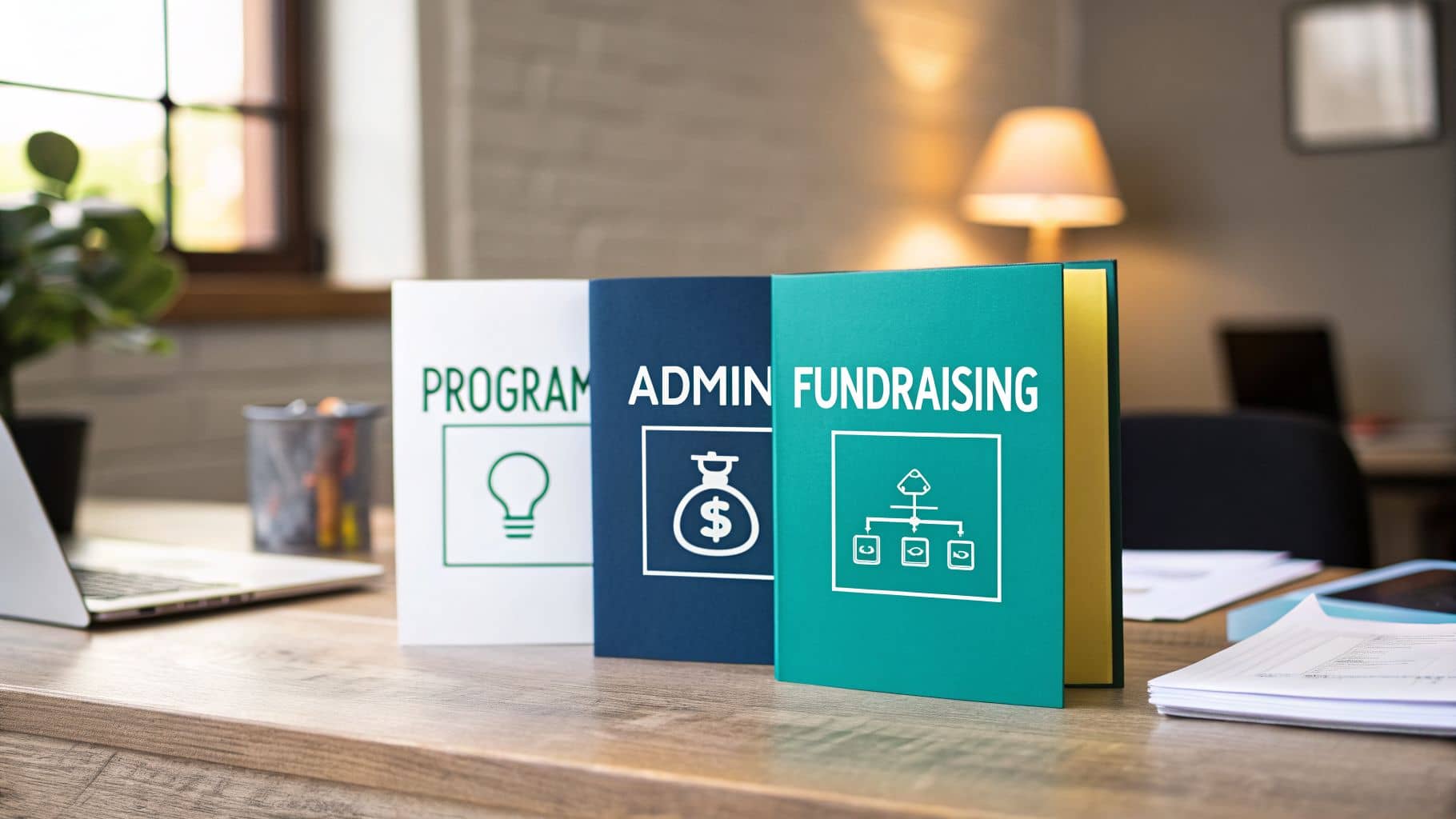 Three folders labeled Program, Admin, and Fundraising on a wooden office desk.