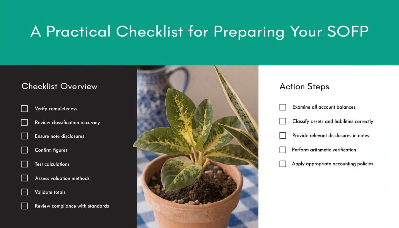 Checklist for preparing a Statement of Financial Position, displayed on a green and white slide.
