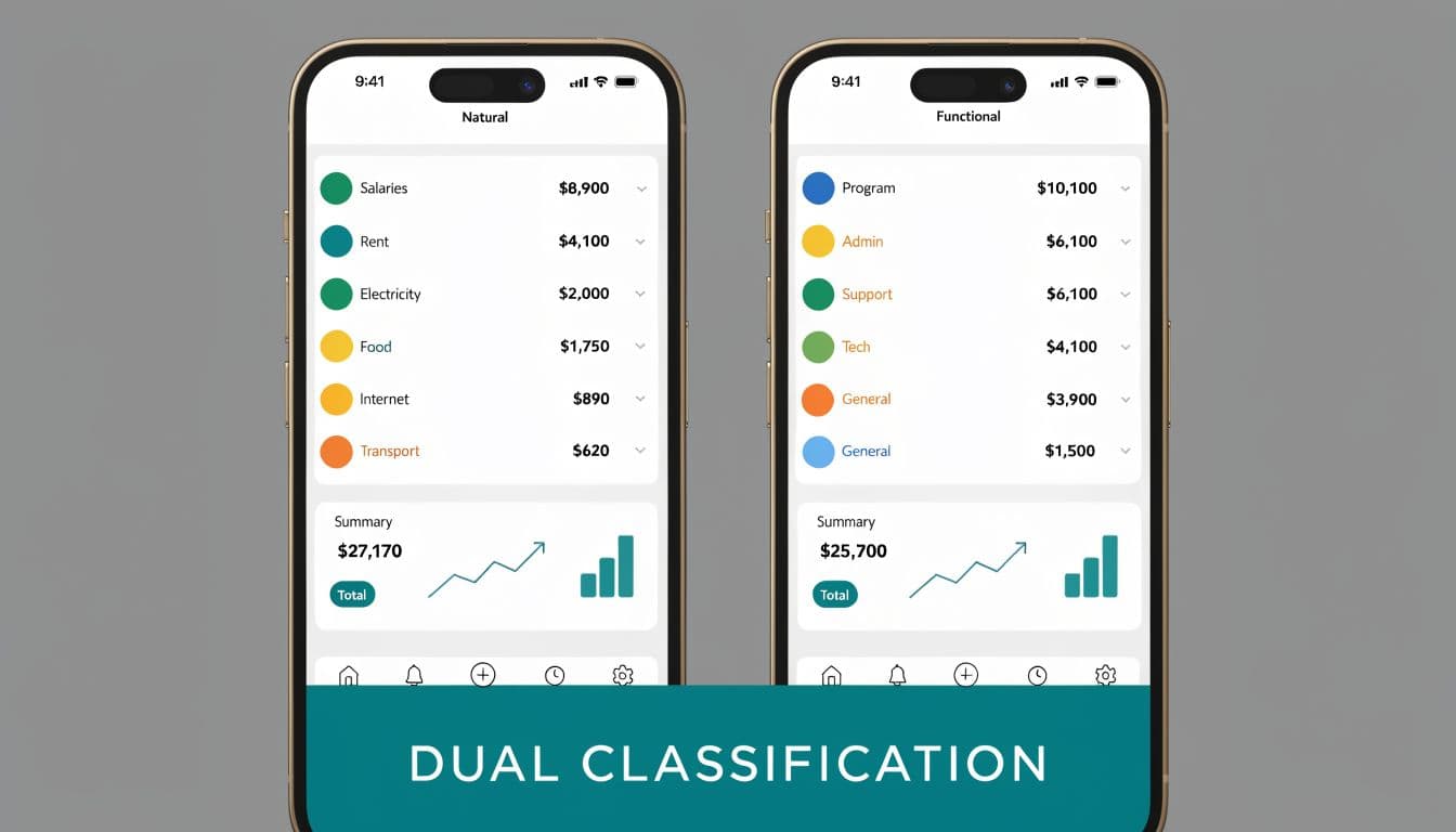 Financial app showing functional expense totals for a nonprofit close