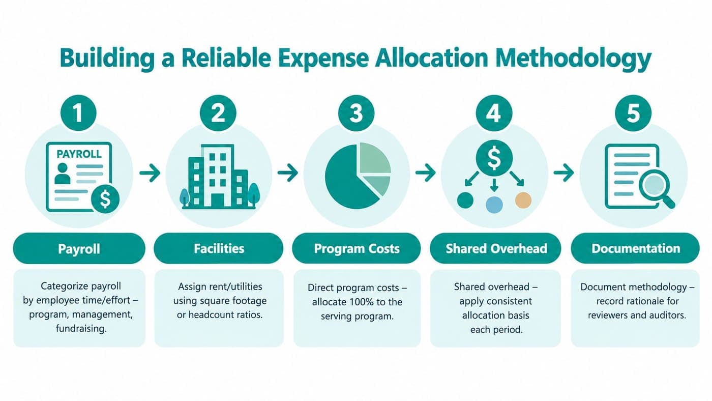 Five-step infographic for building a reliable nonprofit expense allocation method