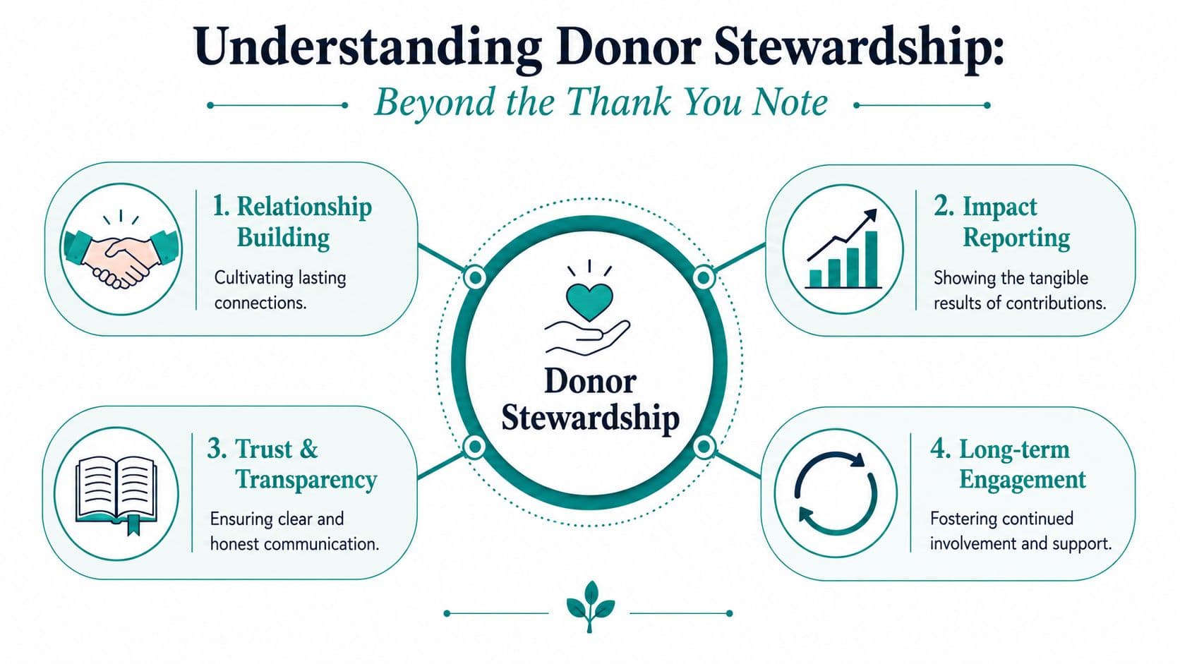 An infographic illustrating four key components of donor stewardship including relationship building, impact reporting, trust, and engagement.
