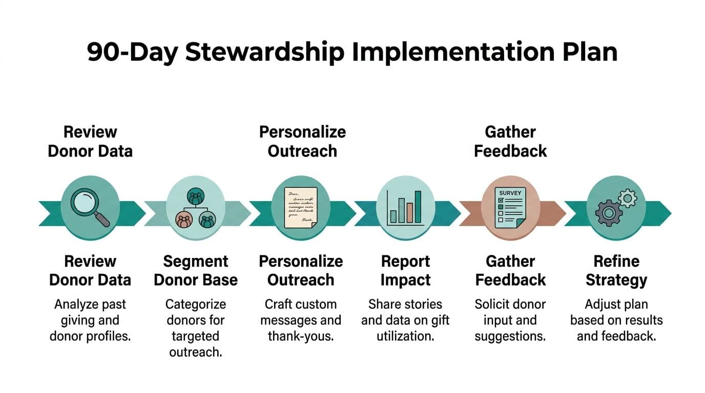 An infographic titled 90-Day Stewardship Implementation Plan illustrating a six-step donor engagement strategy process.