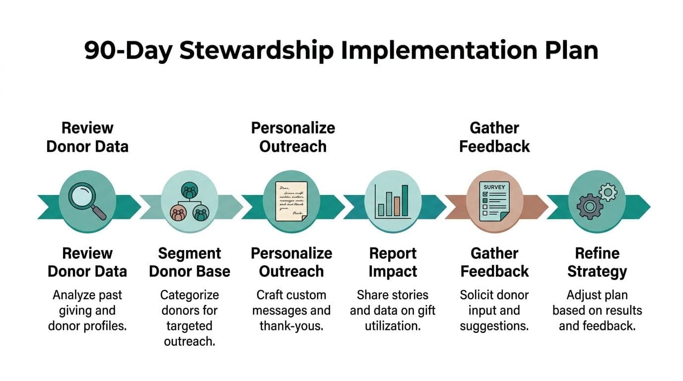 An infographic titled 90-Day Stewardship Implementation Plan illustrating a six-step donor engagement strategy process.