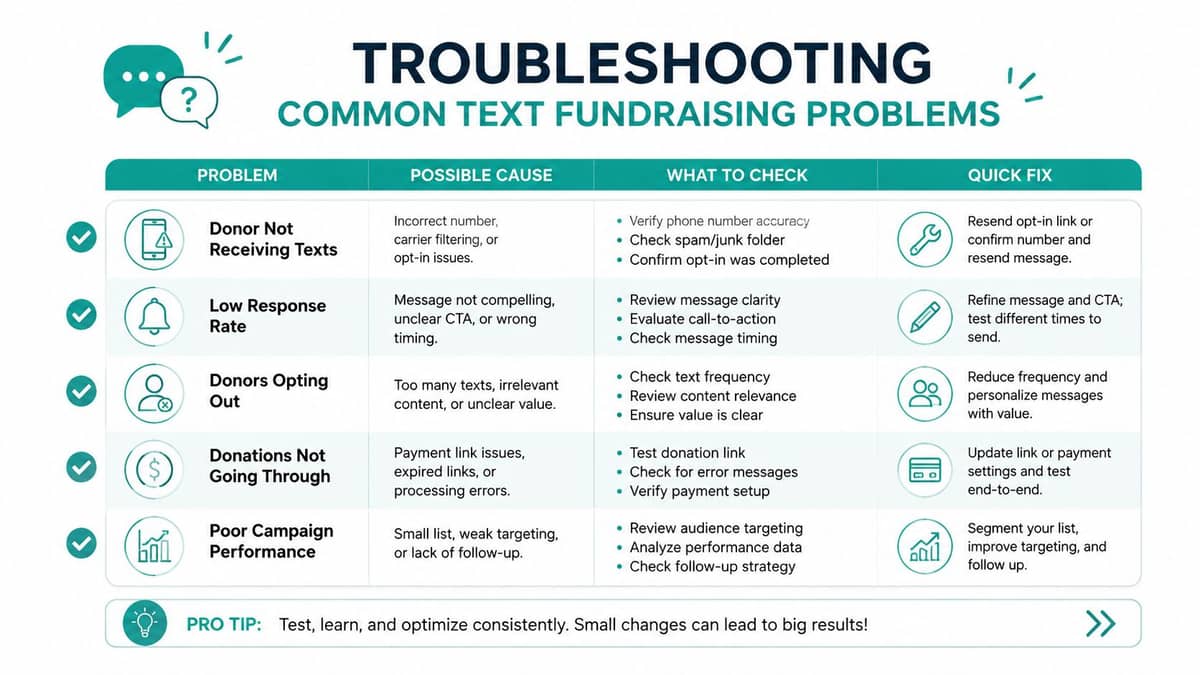 Troubleshooting chart for common text message fundraising delivery and gift issues