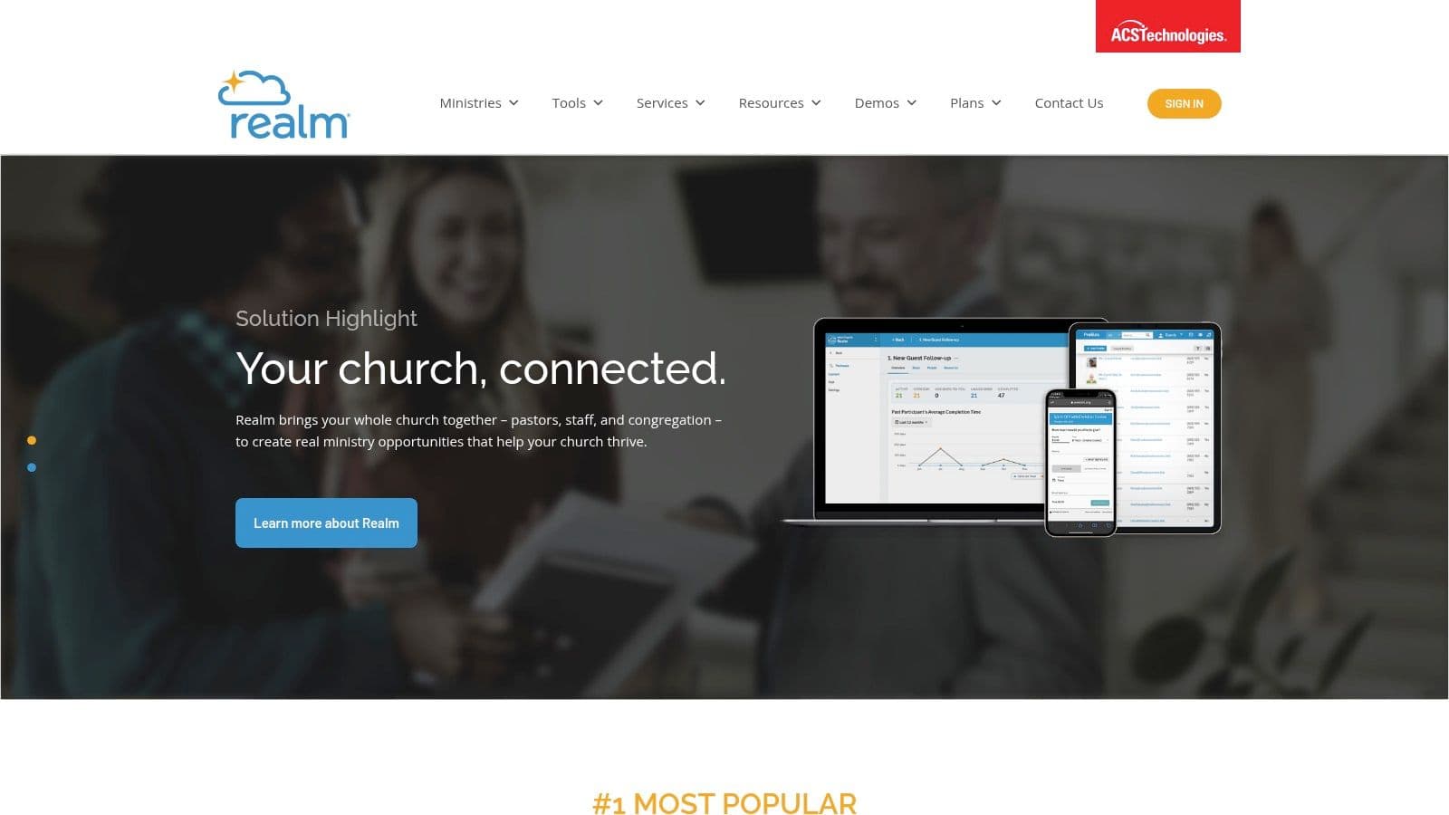 Software interface showing realm dashboard in this top church management software guide