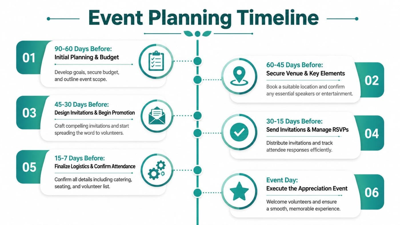 Volunteer appreciation event timeline showing six essential planning steps