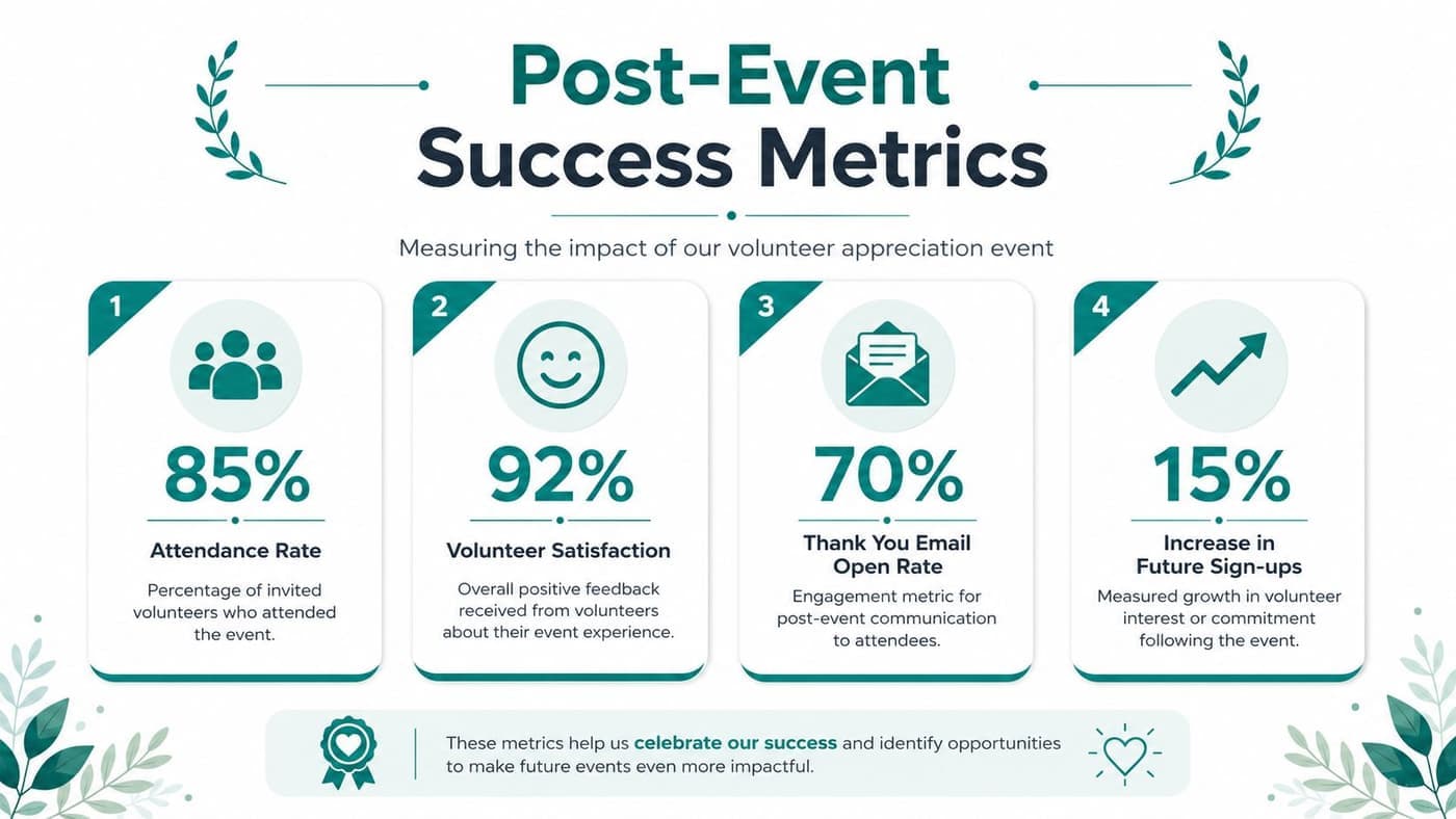Volunteer appreciation event metrics for attendance, satisfaction, and future engagement