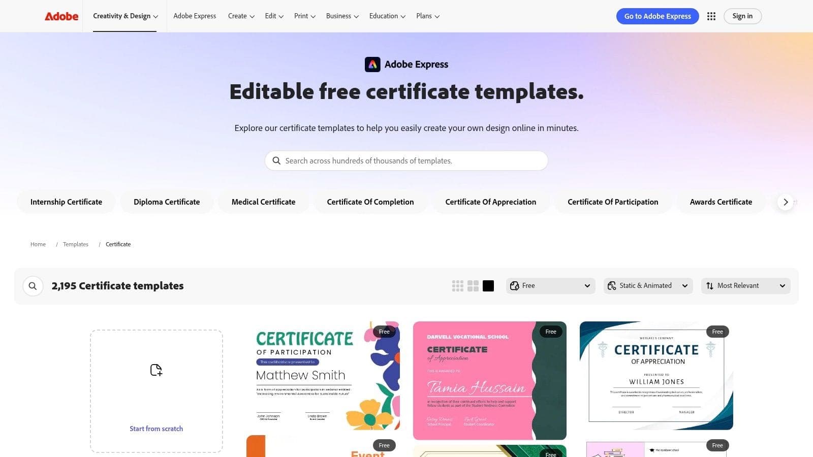 Adobe Express certificate template gallery for nonprofit volunteer recognition