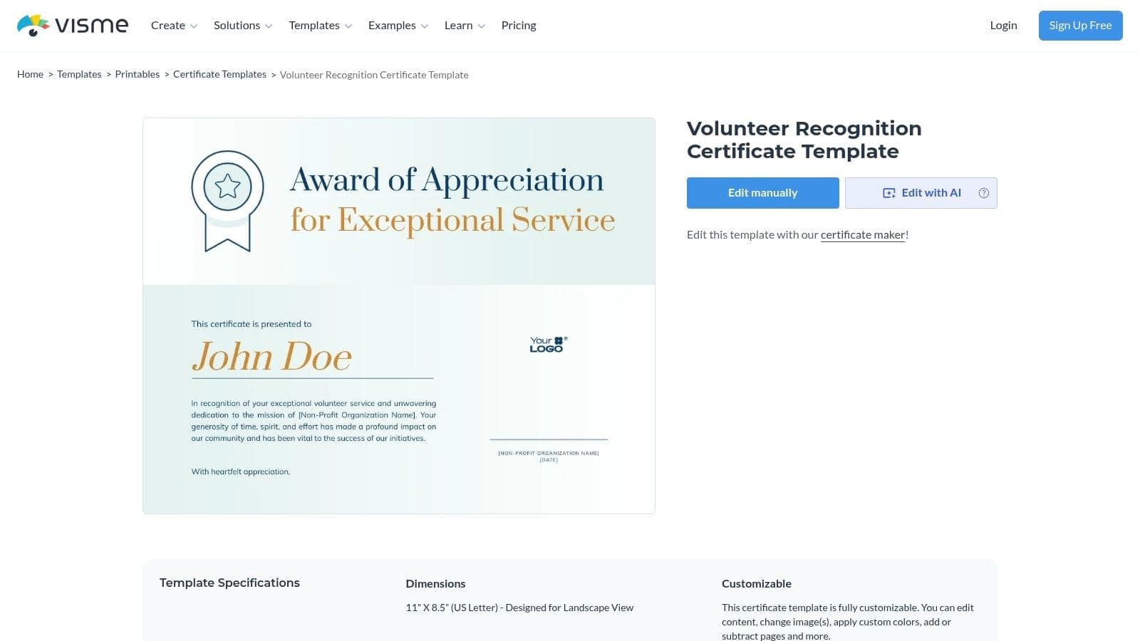 Visme certificate template gallery and online designer for volunteer recognition