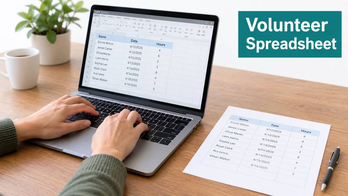 Person updating a volunteer hour log spreadsheet beside a paper list