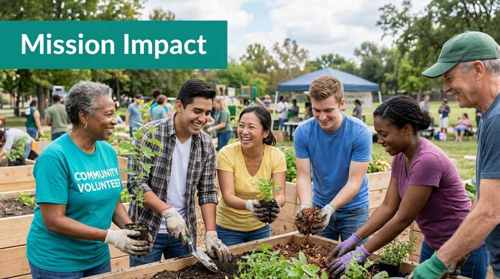 Community volunteers planting seedlings together during a nonprofit service project