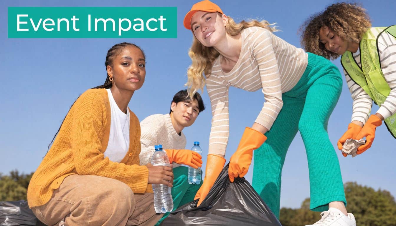Group of volunteers cleaning up trash outdoors while wearing safety gloves and bright clothing.
