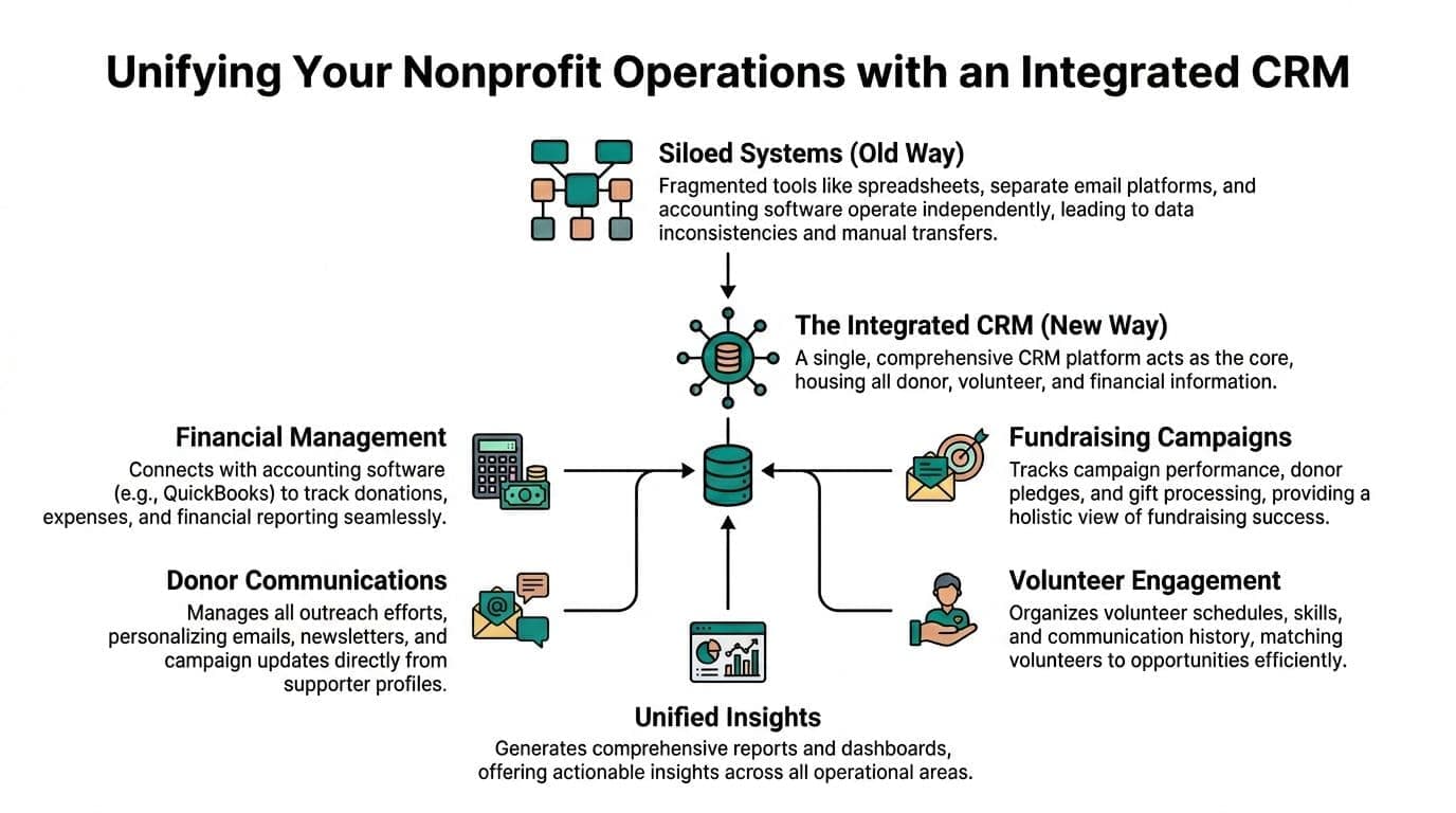 Diagram comparing siloed systems with an integrated nonprofit CRM platform