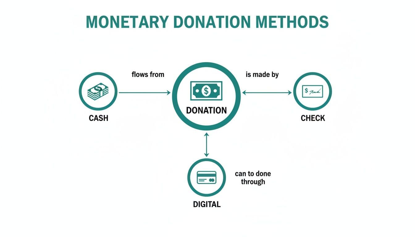 A diagram showing monetary donation methods: cash, check, and digital payments flow to donation.