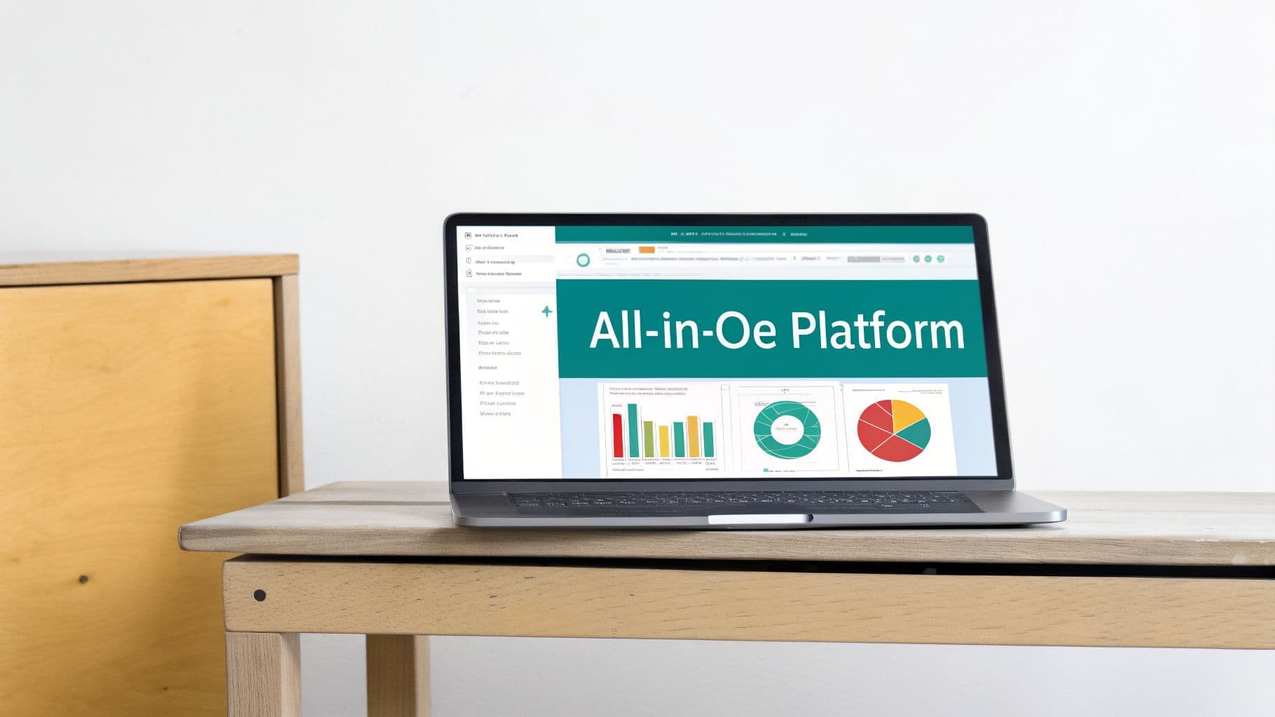 Laptop displaying an 'All-in-Oe Platform' dashboard with charts and data visualizations on a wooden desk