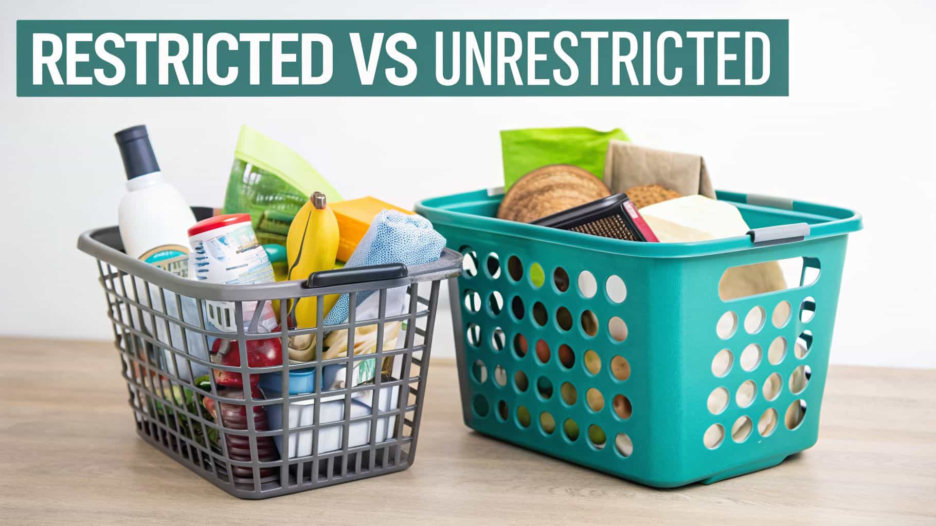 Two shopping baskets, one grey and one teal, filled with items, labeled "RESTRICTED VS UNRESTRICTED"