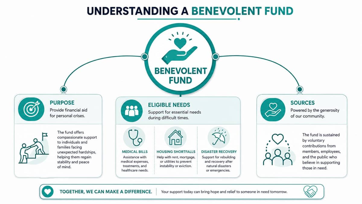 Infographic explaining a benevolent fund purpose eligibility and funding