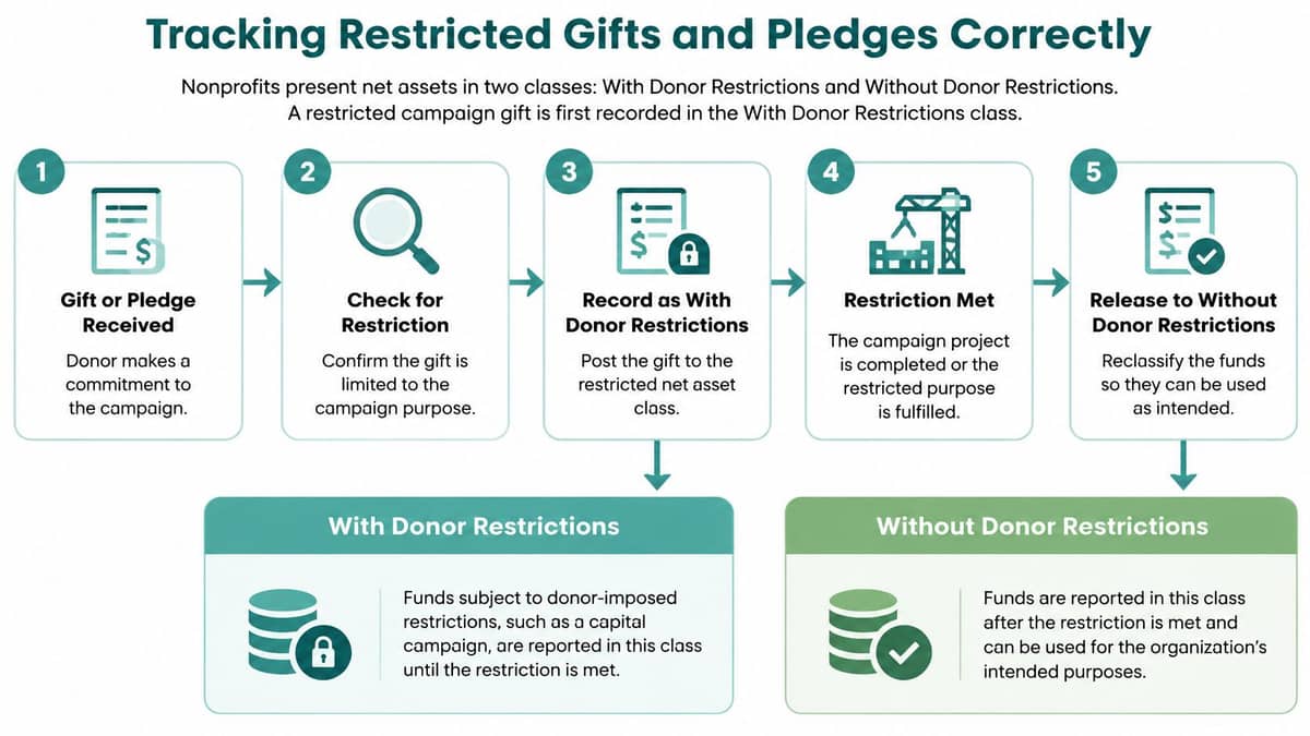 Flowchart for recording a restricted campaign gift and releasing it when the purpose is met