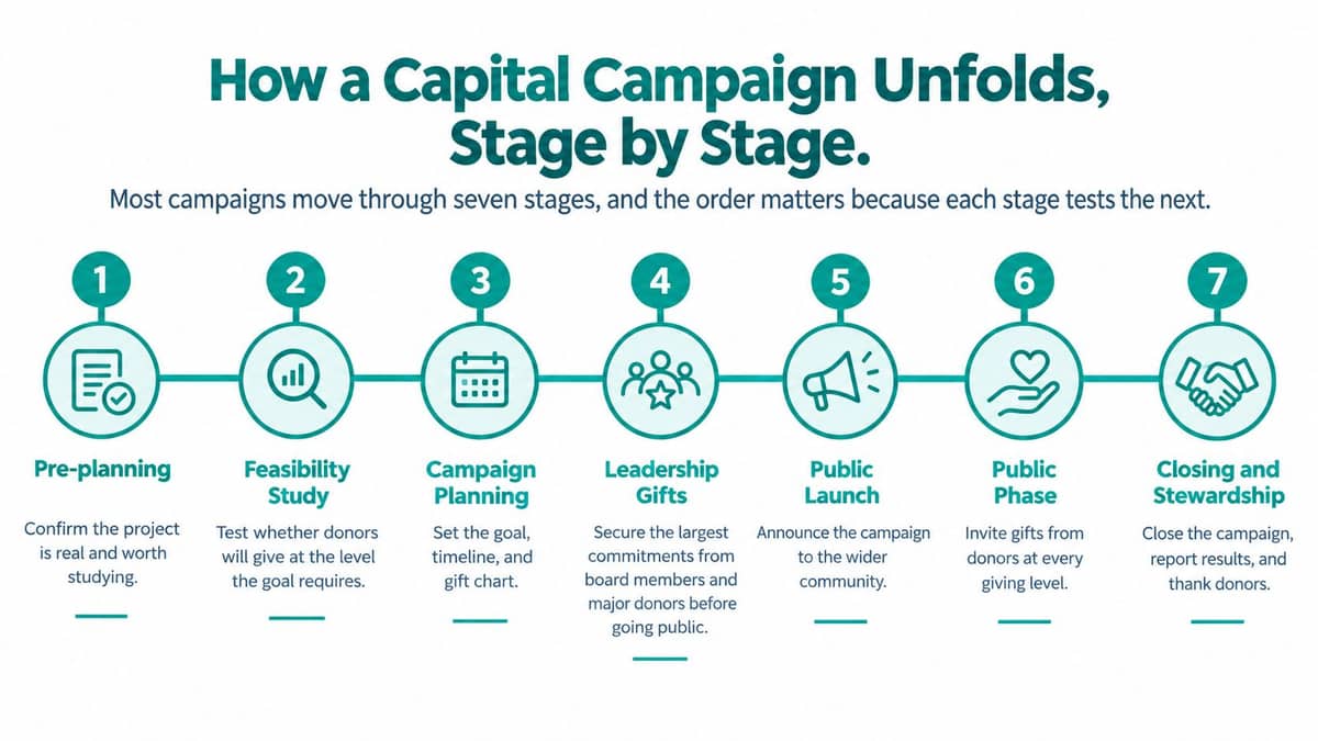 Seven stages of a capital campaign from pre-planning through closing and stewardship