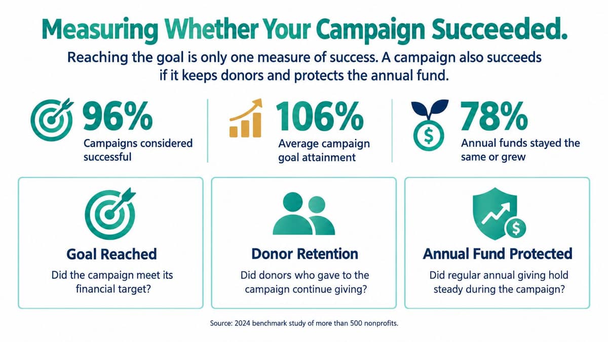Capital campaign success measures for the goal, donor retention, and the annual fund