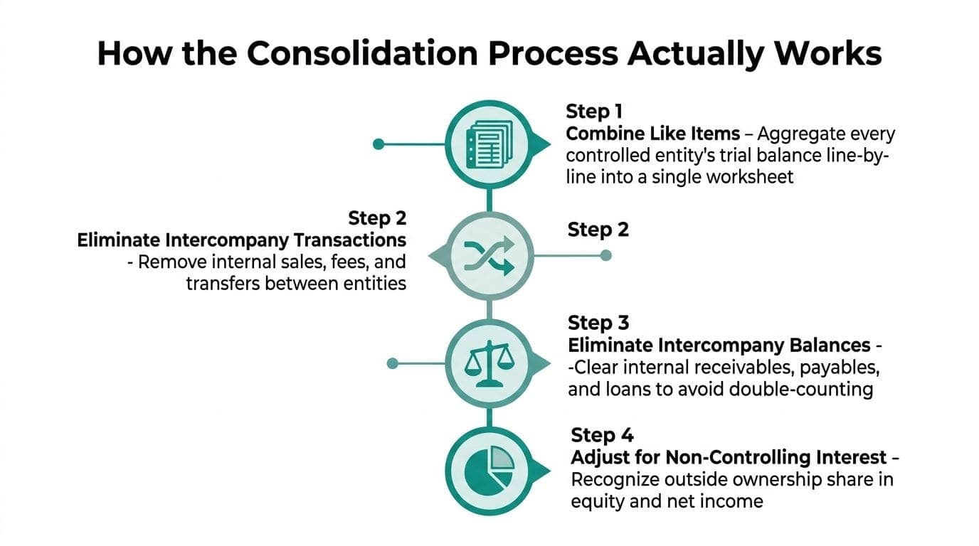 Four-step financial consolidation process for combining controlled nonprofit entities