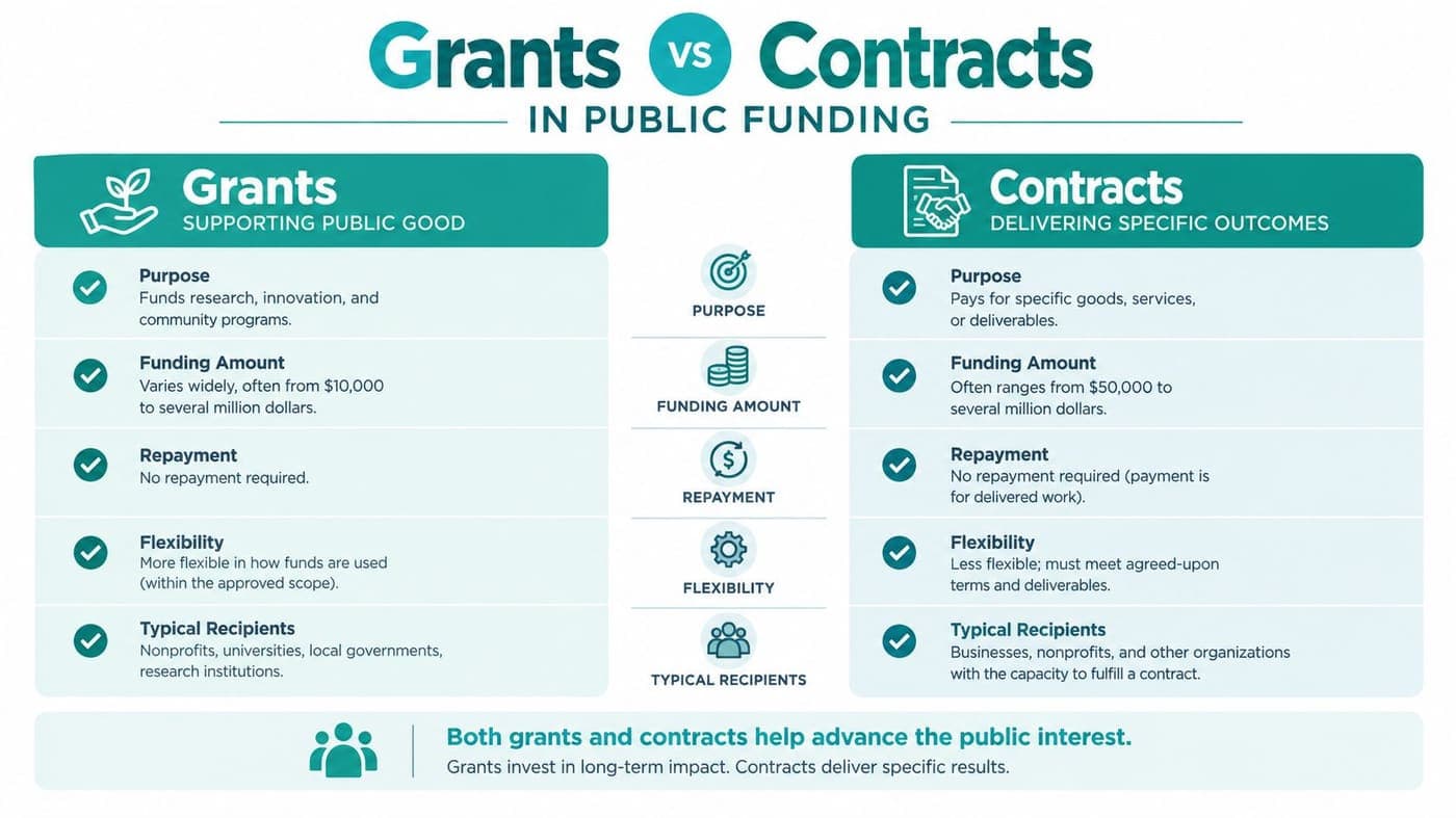 Comparison of government grants and contracts across purpose, payment, and oversight